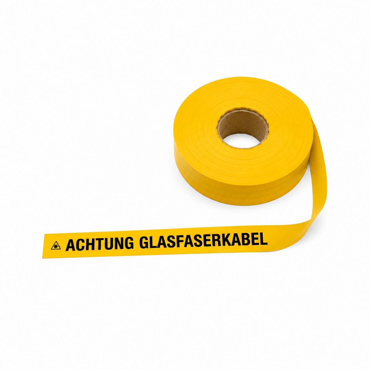 Trassenwarnband aus PEW, gelb, D=0,15mm B=40mm, "Achtung Glasfaserkabel"